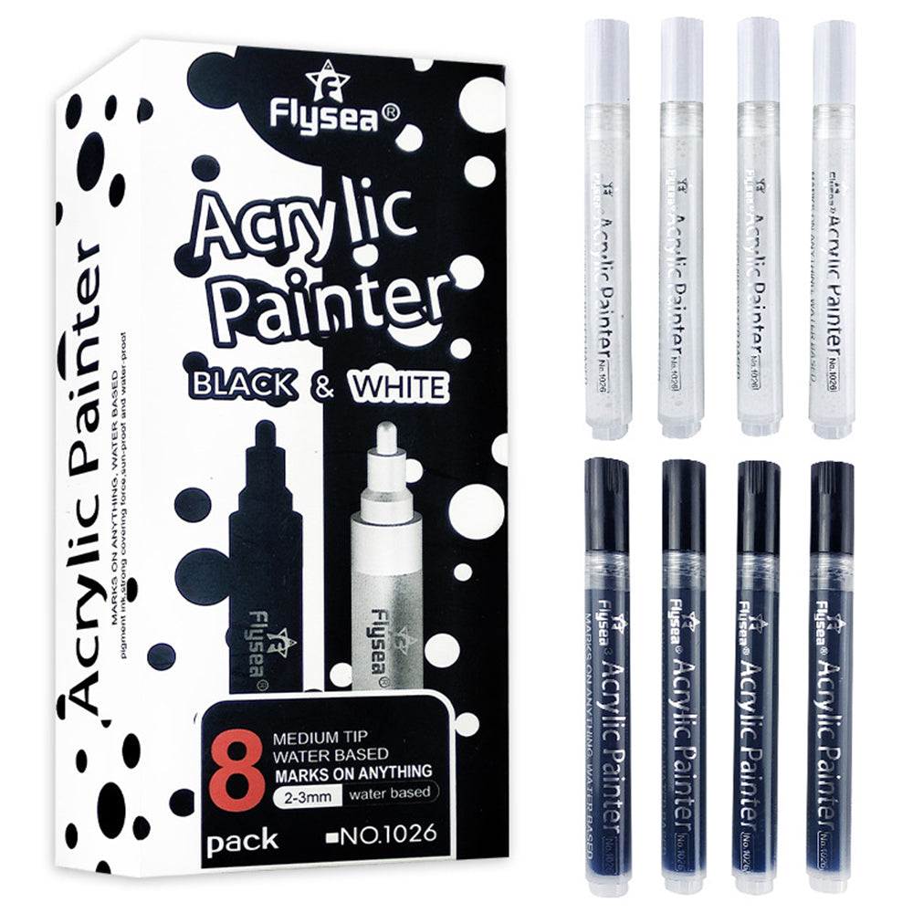 FLYSEA 1026 8Pcs / Box Acrylic Paint Pens Black and White Pens Set DIY Painting (4Pcs Black + 4Pcs White) FLYSEA 1026 8Pcs / Box Acrylic Paint Pens Black and White Pens Set DIY Painting (4Pcs Black + 4Pcs White)